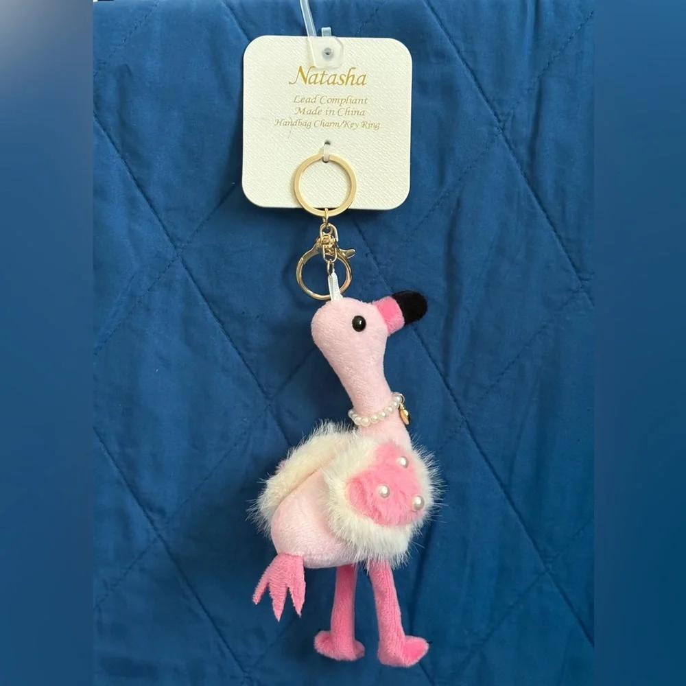 Natasha Couture Fluffy Pink Flamingo Faux Pearl Necklace Handbag Charm Key Chain